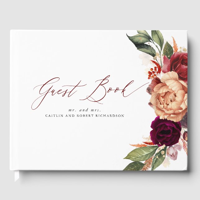 Burgundy Red and Orange Floral Fall Wedding Guest Book (Front)