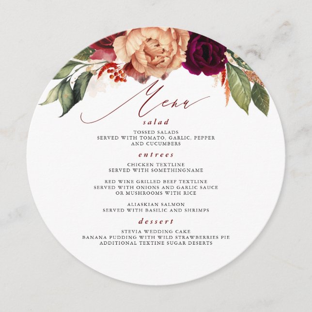 Burgundy Red and Orange Flowers Fall Wedding Menu (Front)