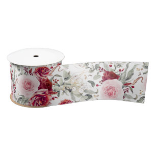 Burgundy Red and Pink Elegant Flowers Botanical Satin Ribbon