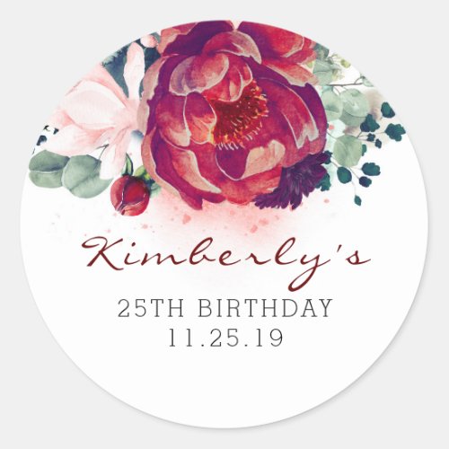 Burgundy Red and Pink Floral Birthday Classic Round Sticker