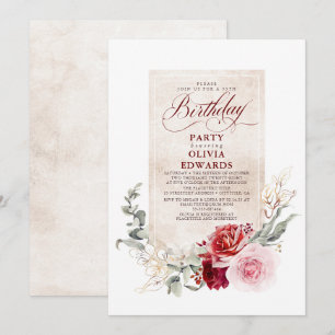 Burgundy Red and Pink Floral Birthday Party Invitation