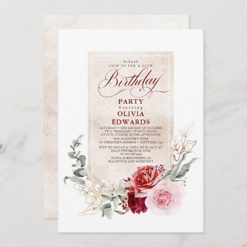 Burgundy Red and Pink Floral Birthday Party Invitation