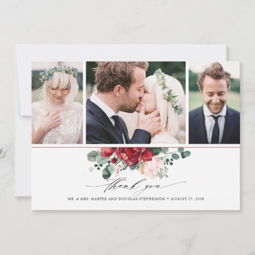 Burgundy Red and Pink Floral Wedding 3 Photos Thank You Card