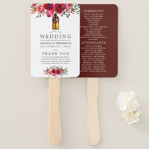 Burgundy Red and Pink Floral Wedding Program Hand Fan