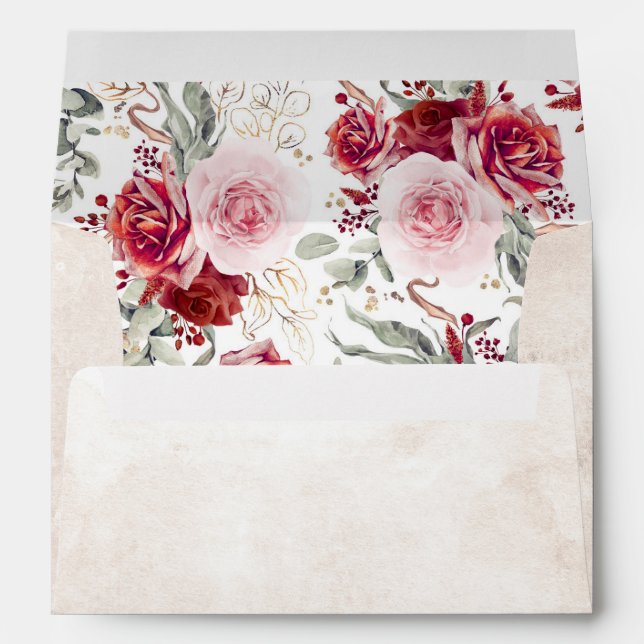Burgundy Red and Pink Flowers Botanical Elegant Envelope (Back (Bottom))