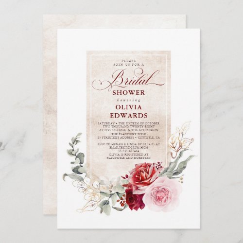 Burgundy Red and Pink Flowers Bridal Shower Invitation
