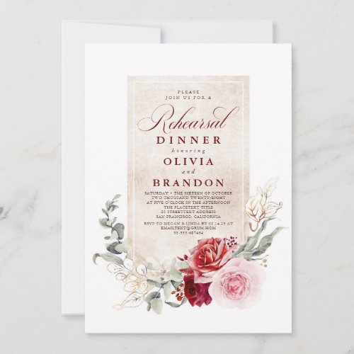 Burgundy Red and Pink Flowers Rehearsal Dinner Invitation