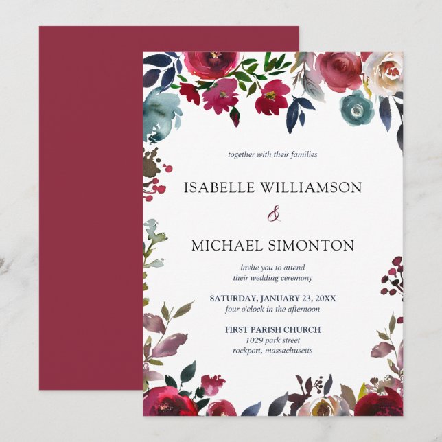Burgundy Red and Pink Rose Floral Wedding Invitation (Front/Back)