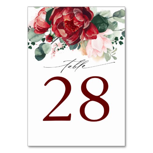 Burgundy Red and Pink Wedding Table Number Cards