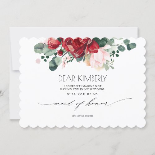 Burgundy Red and Pink Will You Be My Maid of Honor Invitation