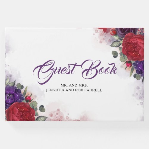 Burgundy Red and Plum Purple Floral Wedding Guest Book