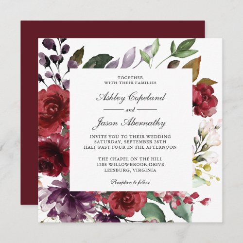 Burgundy Red and Purple Floral Romantic Wedding Invitation