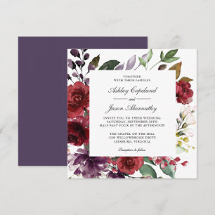 Burgundy Red and Purple Floral Romantic Wedding Invitation