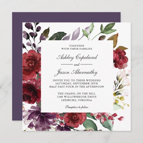 Burgundy Red and Purple Floral Romantic Wedding Invitation