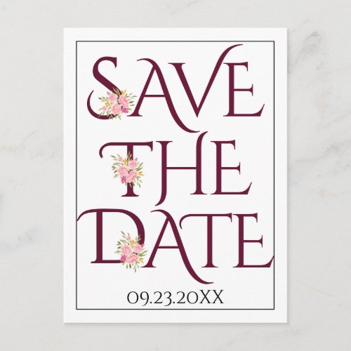 Burgundy red and typography wedding Save the Date Postcard