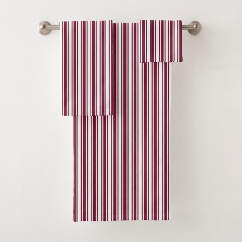 Burgundy red and white candy stripes bath towel set