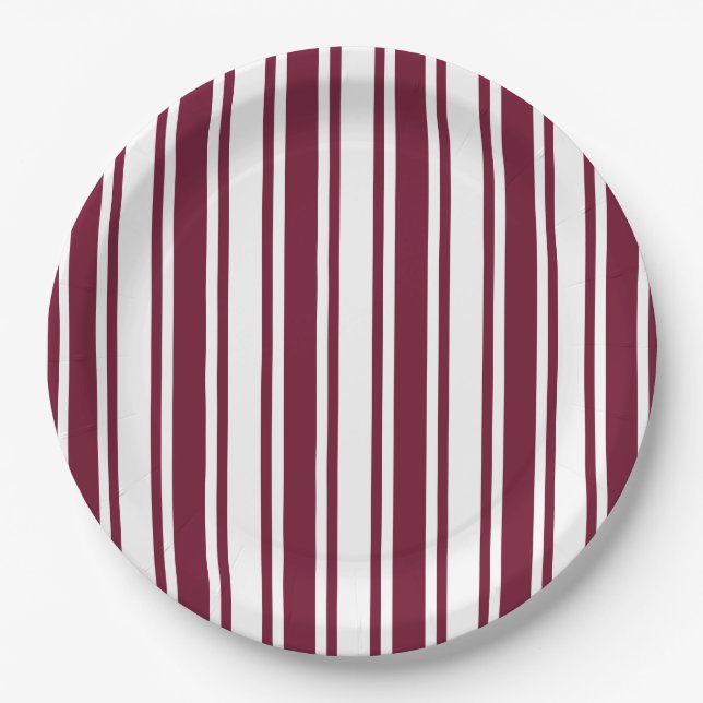 Burgundy red and white candy stripes paper plates (Front)