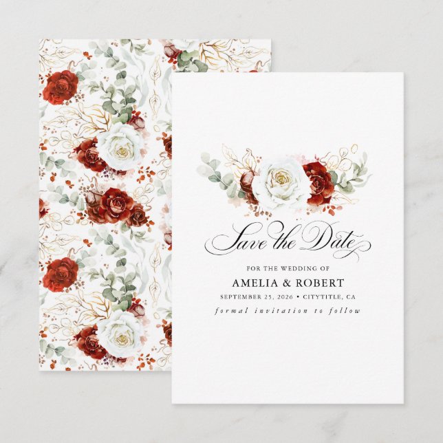 Burgundy Red and White Chic Floral Save the Date (Front/Back)
