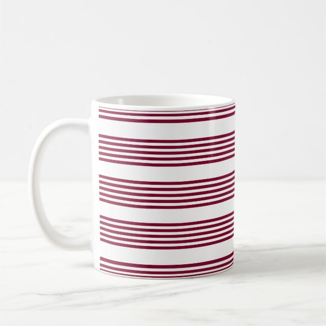 Burgundy red and white five stripe pattern coffee mug (Left)