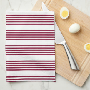Burgundy red and white five stripe pattern kitchen towel