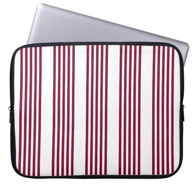 Burgundy red and white five stripe pattern laptop sleeve (Front)