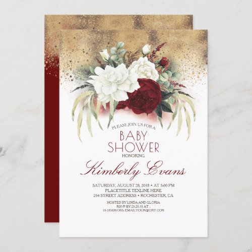 Burgundy Red and White Floral Elegant Baby Shower Invitation