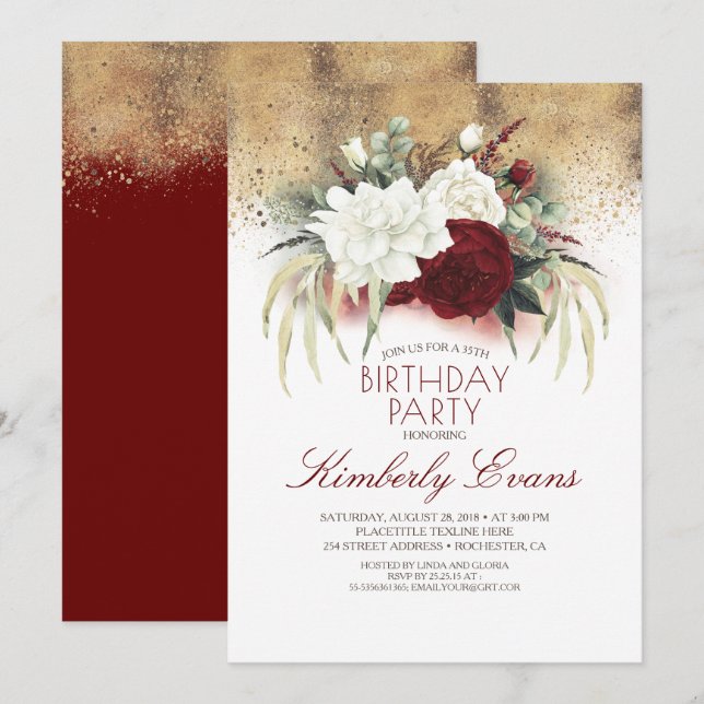 Burgundy Red and White Floral Elegant Birthday Invitation (Front/Back)
