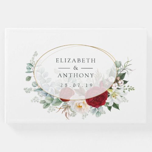 Burgundy Red and White Floral Geometric Wedding Guest Book