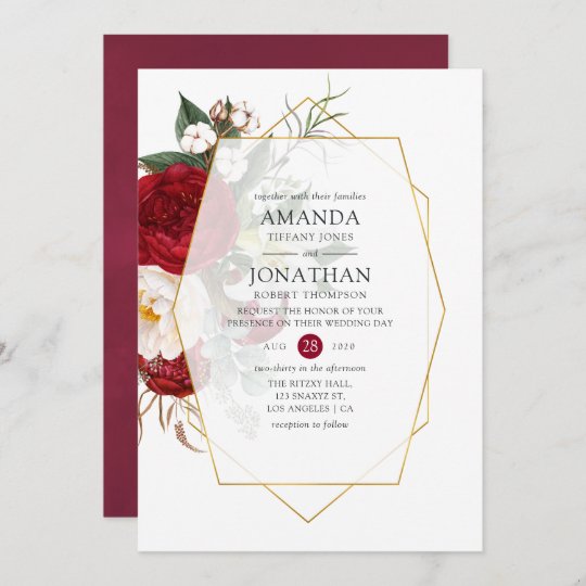 Burgundy Red And White Floral Geometric Wedding Invitation 