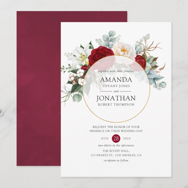 Burgundy Red and White Floral Geometric Wedding Invitation (Front/Back)