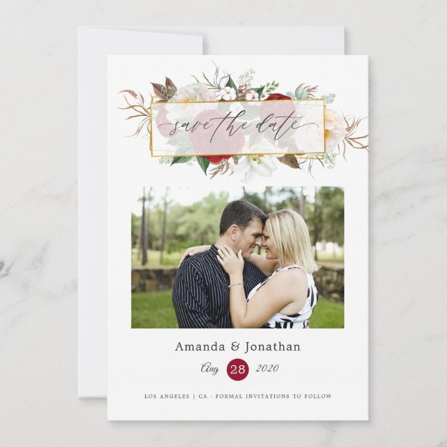 Burgundy Red and White Floral Geometric Wedding Save The Date (Front)