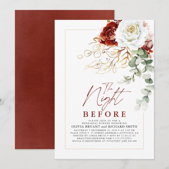 Burgundy Red and White Floral Rehearsal Dinner Invitation (Front/Back)