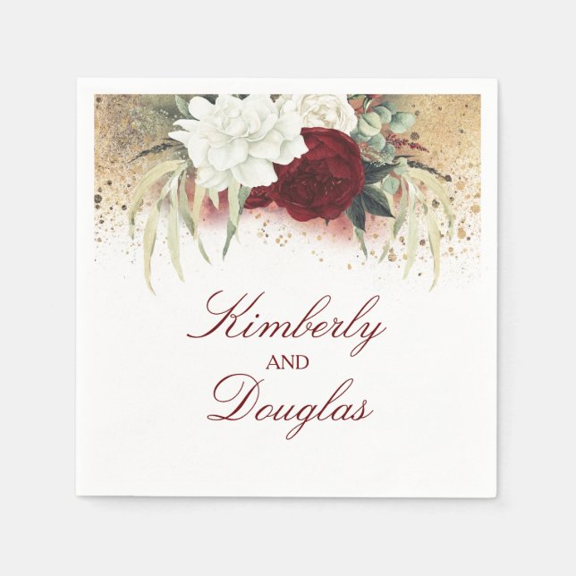 Burgundy Red and White Floral Wedding Napkins (Front)