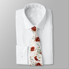 Burgundy Red and White Floral Wedding Neck Tie