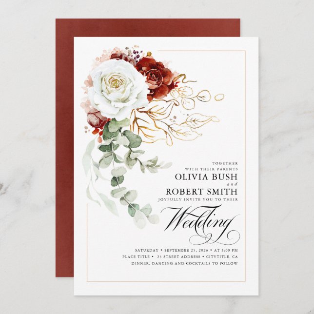 Burgundy Red and White Flowers Elegant Wedding Invitation (Front/Back)