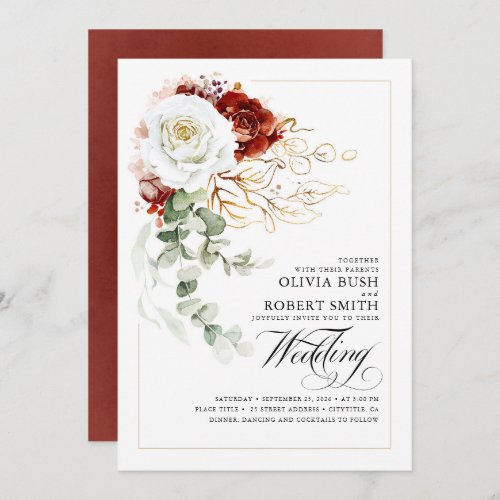 Burgundy Red and White Flowers Elegant Wedding Invitation