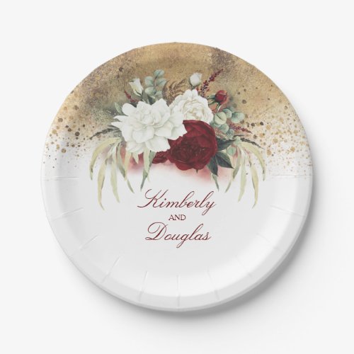 Burgundy Red and White Flowers Gold Wedding Paper Plates