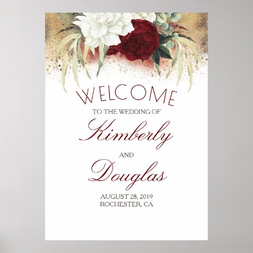 Burgundy Red and White Gold Wedding Welcome Sign