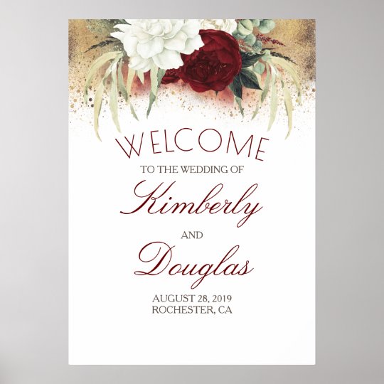 Burgundy Red and White Gold Wedding Welcome Sign | Zazzle.com