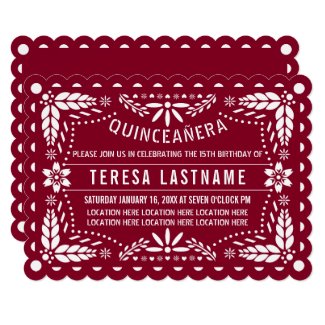Burgundy red and white papel picado Quinceañera Invitation