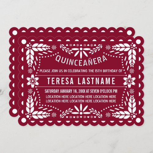 Burgundy red and white papel picado Quinceaera Invitation