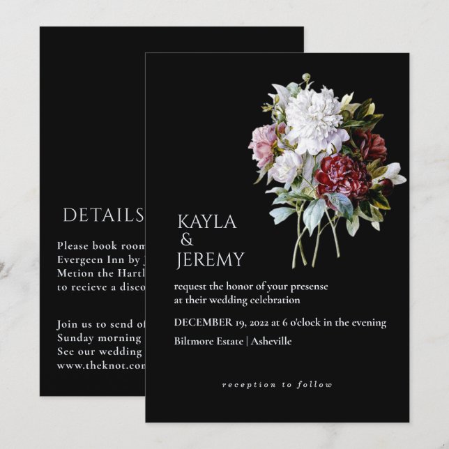 Burgundy Red and White Peonies All in One Wedding  Invitation (Front/Back)