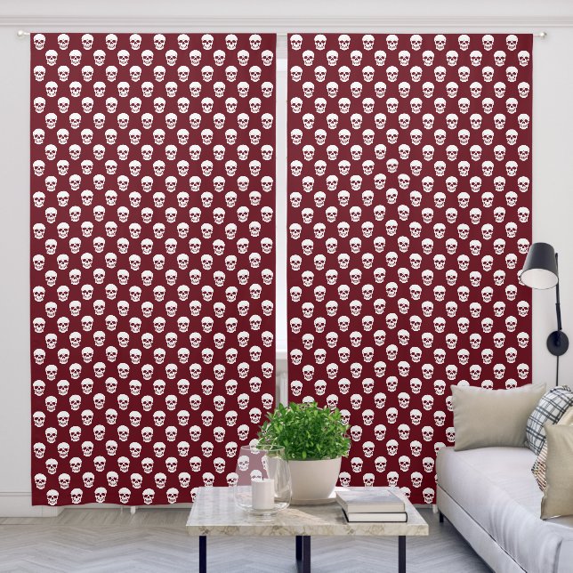 Burgundy Red And White Skull Pattern Halloween Blackout Curtains (Living Room)