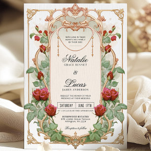 Burgundy Red Art Nouveau Floral Wedding Invitation