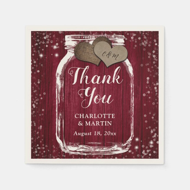 Burgundy Red Barn Wood Mason Jar Thank You Wedding Napkins (Front)