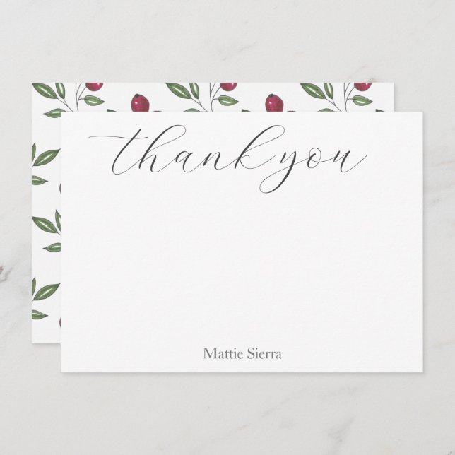 Burgundy Red Berries Pattern Thank You Card (Front/Back)