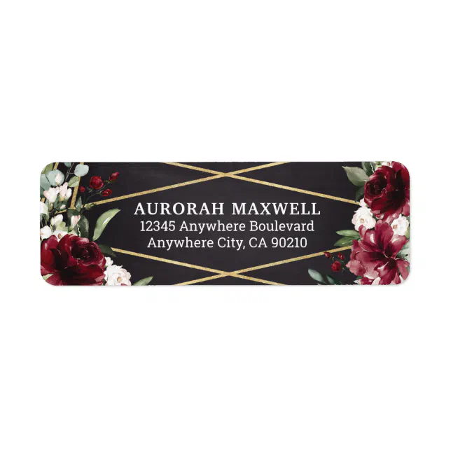 Burgundy Red Black and Gold Floral Elegant Address Label | Zazzle