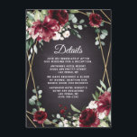 Burgundy Red Black and Gold Floral Elegant Wedding Enclosure Card<br><div class="desc">Design features a black chalkboard printed texture for the background with a printed gold colored geometric frame that’s covered in unique elegant greenery that consists of eucalyptus and other leaves/branch elements. Design also features burgundy red rose and peony flowers and other blush pink floral elements for added unique décor.</div>