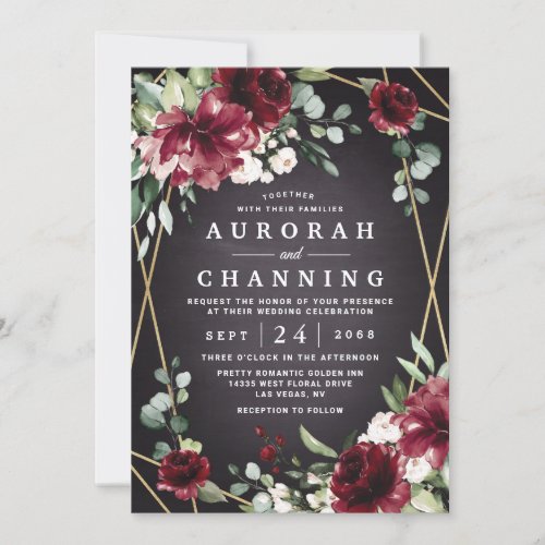 Burgundy Red Black and Gold Floral Elegant Wedding Invitation