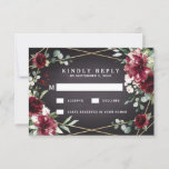 Burgundy Red Black and Gold Floral Elegant Wedding RSVP Card<br><div class="desc">Design features a black chalkboard printed texture for the background with a printed gold colored geometric frame that’s covered in unique elegant greenery that consists of eucalyptus and other leaves/branch elements. Design also features burgundy red rose and peony flowers and other blush pink floral elements for added unique décor.</div>